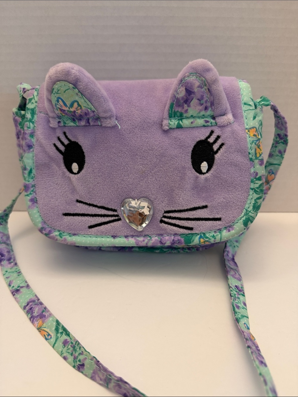 Laura Ashley Kids Plush Cat Crossbody Bag in Lavender and Mint NWOT